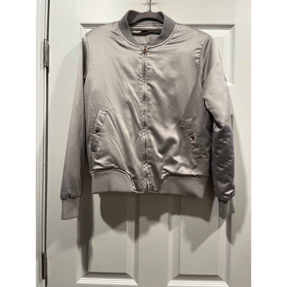Glamorous Silver Satin Bomber Jacket Metallic Quilted Lining Full Zip Size M